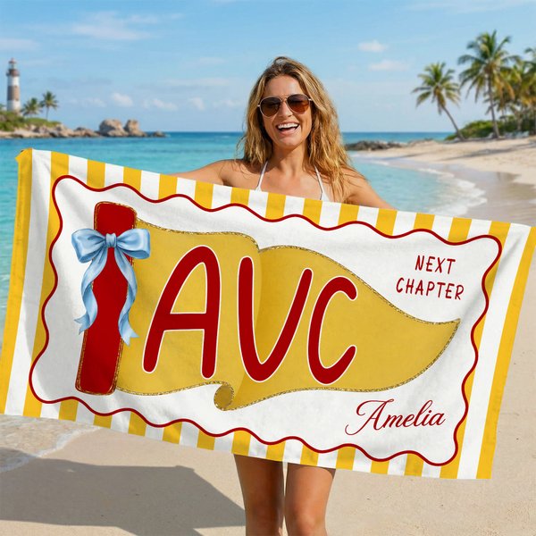 Personalised Colourful School Abbreviation Pennant Soft Quick Dry Beach Towel with Name Beach Party Graduation Gift for Woman Man Graduate