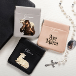 Personalised Cross Lamb Dove PU Leather Rosary Pouch Storage Bag with Name Communion Baptism Religious Gift for Christians