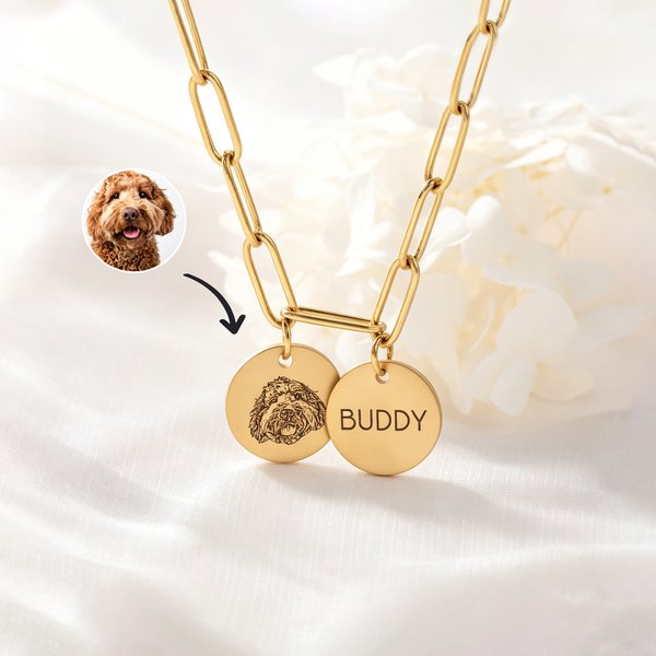 Personalised Pet Portrait Necklace with Engraved Name Dainty Jewellery Birthdayt Memorial Sympathy Gift for Dog Cat Owner Lover