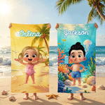 Personalized Cute Cartoon Character Sea Animals Quick Dry Oversized Beach Towel  with Name Vacation Birthday Pool Party Gift for Kids Boys Girls