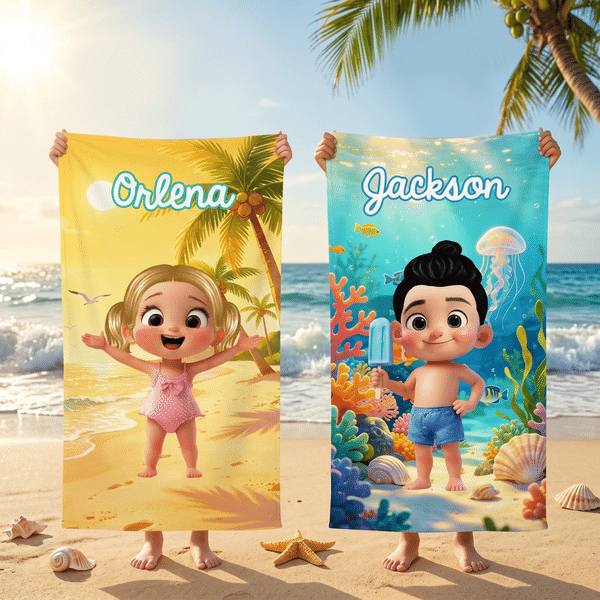 Personalized Cute Cartoon Character Sea Animals Quick Dry Oversized Beach Towel  with Name Vacation Birthday Pool Party Gift for Kids Boys Girls
