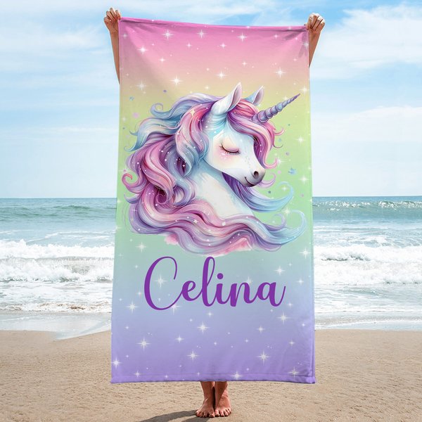 Personalizowany duży szybkoschnący ręcznik plażowy z motywem jednorożca i imieniem letni niezbędnik prezent urodzinowy dla dziewczynek