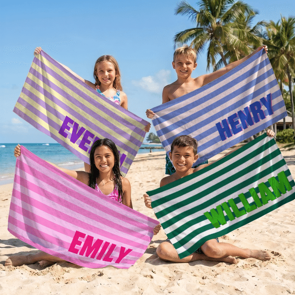 Personalised Colourful Striped Skin-Friendly Soft Quick Drying Beach Towel with Name Beach Party Birthday Gift for Family