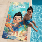 Personalized Cute Cartoon Character Sea Animals Quick Dry Oversized Beach Towel  with Name Vacation Birthday Pool Party Gift for Kids Boys Girls
