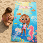 Personalized Cute Cartoon Character Sea Animals Quick Dry Oversized Beach Towel  with Name Vacation Birthday Pool Party Gift for Kids Boys Girls