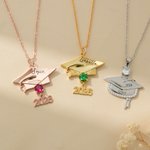 Personalized Dainty Graduation Cap Birthstone Necklace with Engraved Name and Year Graduation Birthday Gift for Graduates