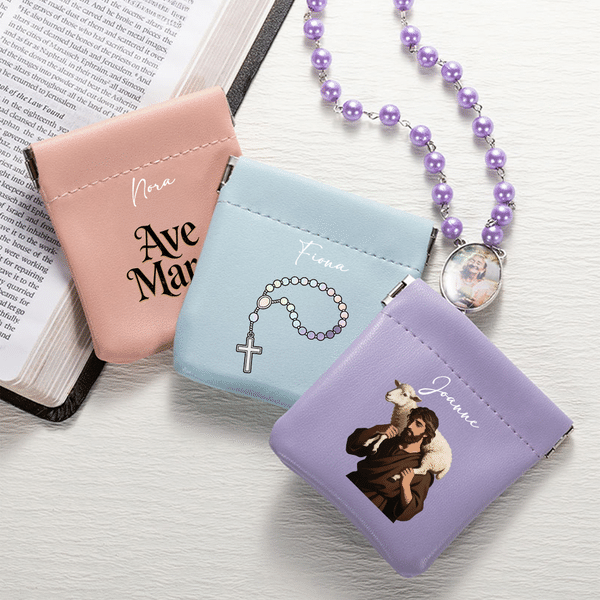 Personalised Cross Lamb Dove PU Leather Rosary Pouch Storage Bag with Name Communion Baptism Religious Gift for Christians