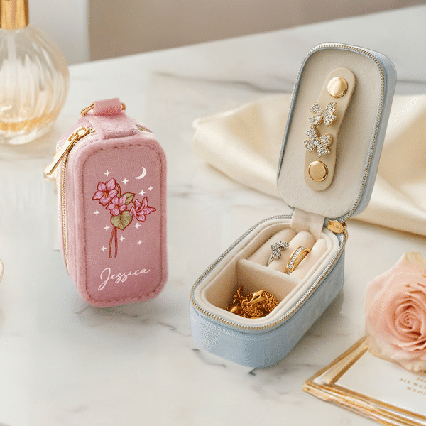 Personalizado Elegante Flor de Nacimiento Joyero de Terciopelo con Nombre Accesorio de Viaje Cumpleaños Regalo de Bodas para Mujeres Damas de Honor