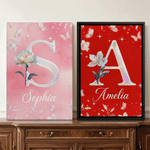 Personalised Pearl Style Birth Flower Initial Large Canvas Prints with Name Living Room Wall Decor Housewarming Gift for Family Friends