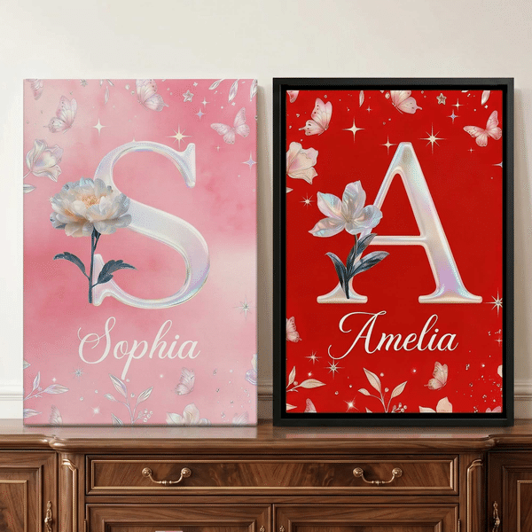 Personalised Pearl Style Birth Flower Initial Large Canvas Prints with Name Living Room Wall Decor Housewarming Gift for Family Friends