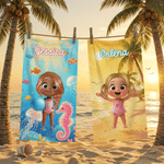 Personalized Cute Cartoon Character Sea Animals Quick Dry Oversized Beach Towel  with Name Vacation Birthday Pool Party Gift for Kids Boys Girls