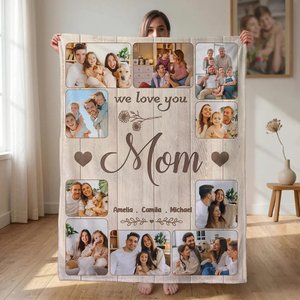 Personalised Soft Flannel Throw Blanket with 10 Family Photos, Custom 1-8 Names, Heartfelt Gift for Mum Gran Dad