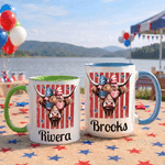 Personalized Retro Stars and Stripes Highland Cow Name 11 oz 15 oz Ceramic Mug with Coaster Daily Use American Independence Day Gift for Americans
