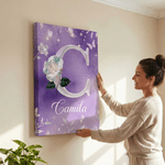 Personalised Pearl Style Birth Flower Initial Large Canvas Prints with Name Living Room Wall Decor Housewarming Gift for Family Friends