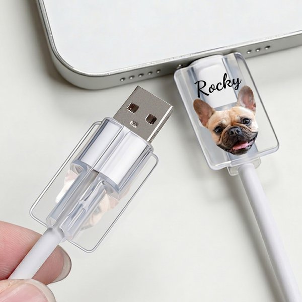 Spersonalizowana przezroczysta osłona kabla ze zdjęciem twarzy i imieniem do ładowarki iPhone Type-C Zestaw 2 prezentów urodzinowych i rocznicowych dla przyjaciół rodziny