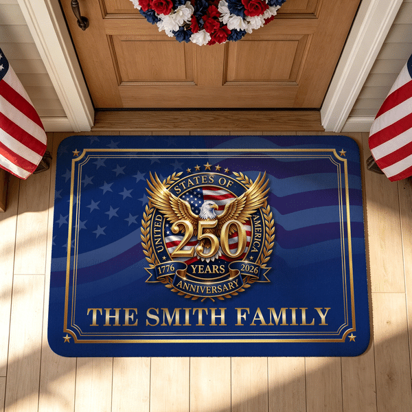 Personalized American Flag Multicolour Anti-Slip Doormat with Family Name Independence Day USA 250th Anniversary Gift for Family