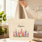 Personalised Birth Flower Large Corduroy Tote Bag with Name Daily Travel Birthday Gift for Girls Women