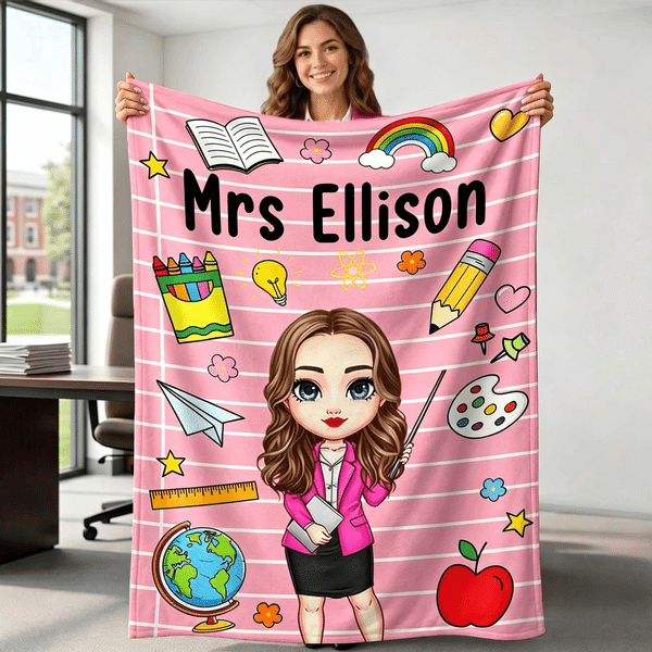 Personalised Teacher Cartoon Character Soft Throw Blanket with Name Home Decor Back to School Teacher's Day Birthday Gift for Teacher