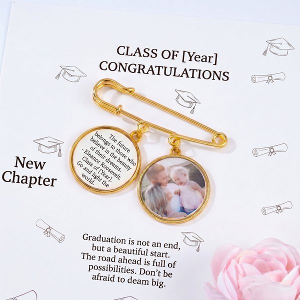Personalised 1-3 Circle Photos Brooch Pin with Text Wedding Graduation Birthday Gift for Family Friends
