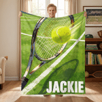 Personalised Tennis Theme Design Green Soft Throw Blanket with Name Home Decor Tennis Match Birthday Gift for Tennis Player Lover
