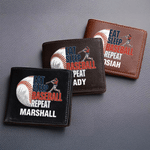 Personalized Eat Sleep Baseball Repeat PU Leather Men's Wallet with Name Father's Day Birthday Gift for Baseball Players Lovers