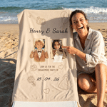 Personalised Newlyweds Childhood Photo Quick Dry Oversized Beach Towel with Name Summer Beach Wedding Party Gift for Engagement Couple