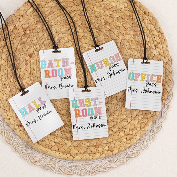 Personalised Colourful School Doodle Acrylic Hall Pass Lanyard with Text Classroom Supplies Back to School Gift for Teachers
