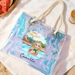 Gepersonaliseerd Zwembad Vakantie Cartoon Meisje Holografisch Transparant Tasje met Naam Zomerfeest Vakantiegeschenk voor Vrouwen Meisjes