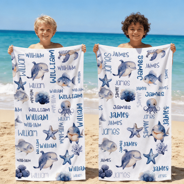 Personalized Ocean Creatures Shark Oversized Quick Dry Beach Towel with Name Summer Vacation Beach Accessories Party Birthday Gift for Kids