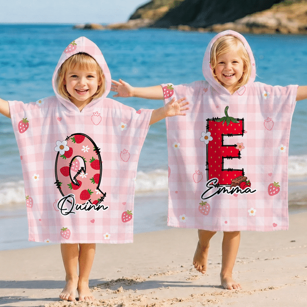 Personalised Graffiti Strawberry Initial Quick Dry Hooded Beach Towel with Name Beach Essentials Summer Vacation Birthday Gift for Kids