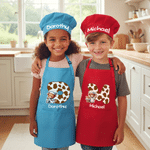 Personalized Cute Highland Cow Initial Kids Apron and Hat Set with Name Baking Party Birthday Gift for Boys Girls