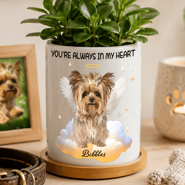 Personalised You're Always In My Heart Angel Pet Photo Ceramic Plant Pot with Name and Bamboo Tray Birthday Memorial Gift for Pet Lovers