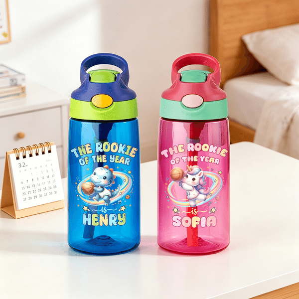 Personalized The Rookie Of The Year Animal Basketball 16 oz Water Bottle with Straw and Name Daily Use  Birthday Back to School Gift for Kid Boy Girl