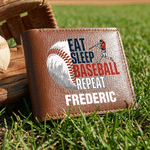 Personalized Eat Sleep Baseball Repeat PU Leather Men's Wallet with Name Father's Day Birthday Gift for Baseball Players Lovers