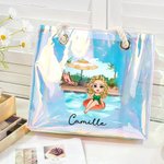 Gepersonaliseerd Zwembad Vakantie Cartoon Meisje Holografisch Transparant Tasje met Naam Zomerfeest Vakantiegeschenk voor Vrouwen Meisjes