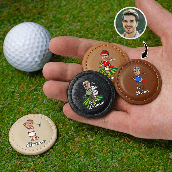 Personalized Cartoon Golfer Character Face Photo PU Leather Magnetic Golf Ball Marker with Name Set of 2 Golf Club Birthday Gift for Golf Lovers