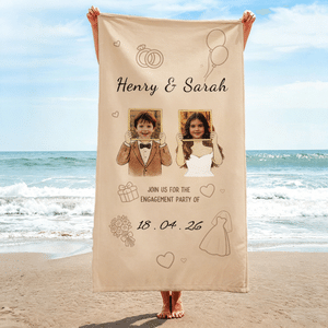 Personalised Newlyweds Childhood Photo Quick Dry Oversized Beach Towel with Name Summer Beach Wedding Party Gift for Engagement Couple