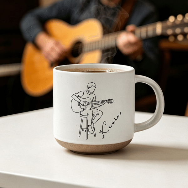 Personalized Line Style Guitarist Character 12 oz Ceramic Coffee Mug with Engraved Name Daily Use Birthday Gift for Guitar Player Music Lovers