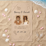 Personalised Newlyweds Childhood Photo Quick Dry Oversized Beach Towel with Name Summer Beach Wedding Party Gift for Engagement Couple