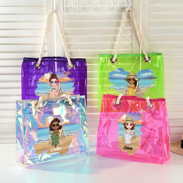 Spersonalizowana przezroczysta przezroczysta torba na plażę Sunny Beach Style Cute Cartoon Girl Holographic Tote Bag with Name Summer Vacation Holiday Birthday Gift for Women Girls