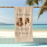 Personalised Newlyweds Childhood Photo Quick Dry Oversized Beach Towel with Name Summer Beach Wedding Party Gift for Engagement Couple