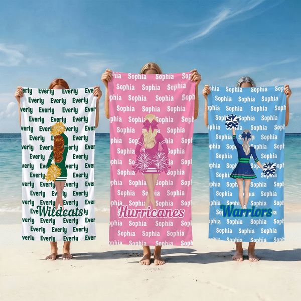 Personalized Cartoon Cheerleader Girl Soft Oversized Beach Towel with Name and Team Name Cheer Competition Birthday Gift for Girls Cheerleaders