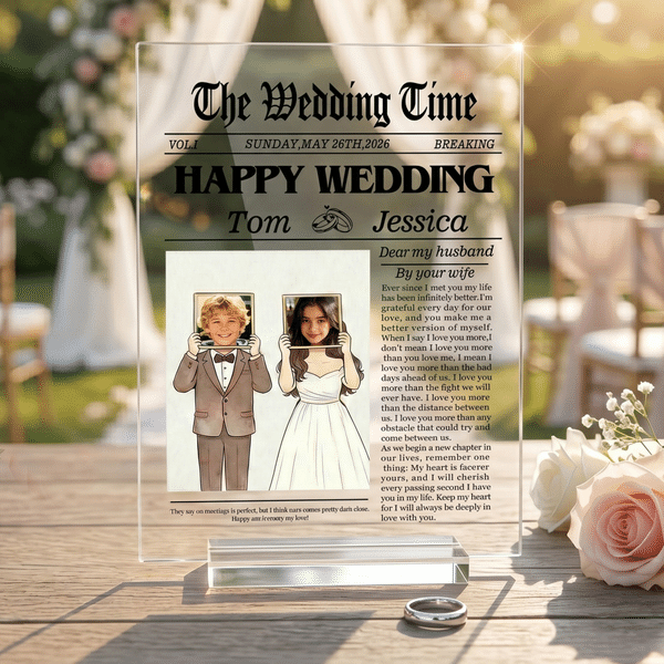 Personalized New York Times Style Wedding Photo Acrylic Plaque with Name Title and Date Wedding Birthday Gift for Newlyweds
