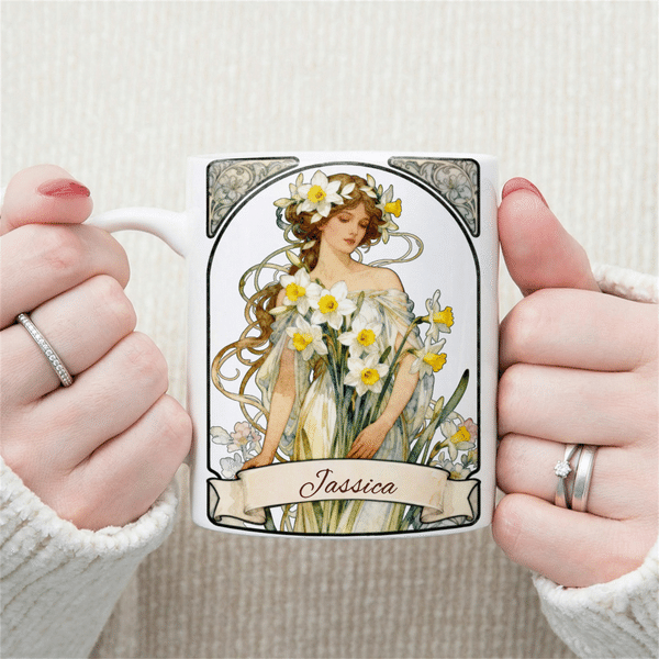 Personalized Anthropomorphic Birth Flower 11 oz 15 oz Ceramic Coffee Mug with Name and Coaster Daily Use Birthday Gift for Girls Friends