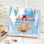 Spersonalizowana przezroczysta przezroczysta torba na plażę Sunny Beach Style Cute Cartoon Girl Holographic Tote Bag with Name Summer Vacation Holiday Birthday Gift for Women Girls
