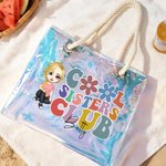 Personalizado Cool Sisters Club Cartoon Character Neon Transparent Tote Bag with Name Travel Essentials Birthday Beach Party Gift for Women Girls