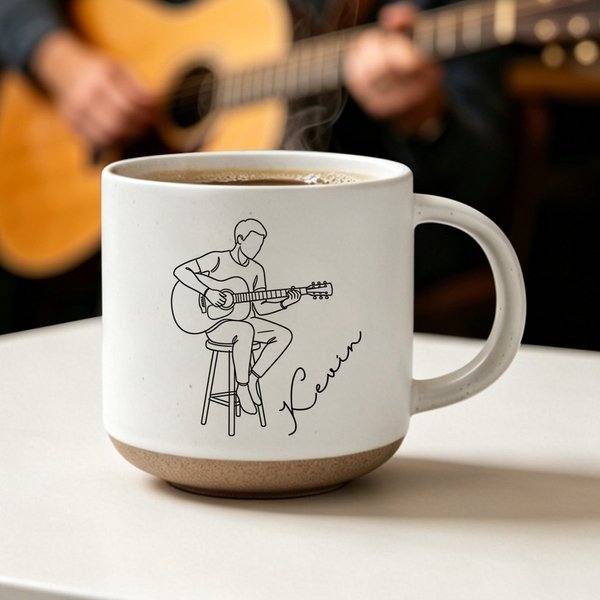 Personalized Line Style Guitarist Character 12 oz Ceramic Coffee Mug with Engraved Name Daily Use Birthday Gift for Guitar Player Music Lovers