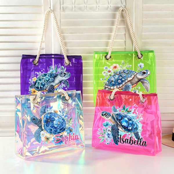 Personalised Floral Sea Turtle Clear Holographic Tote Bag with Name Travel Accessory Birthday Gift for Women