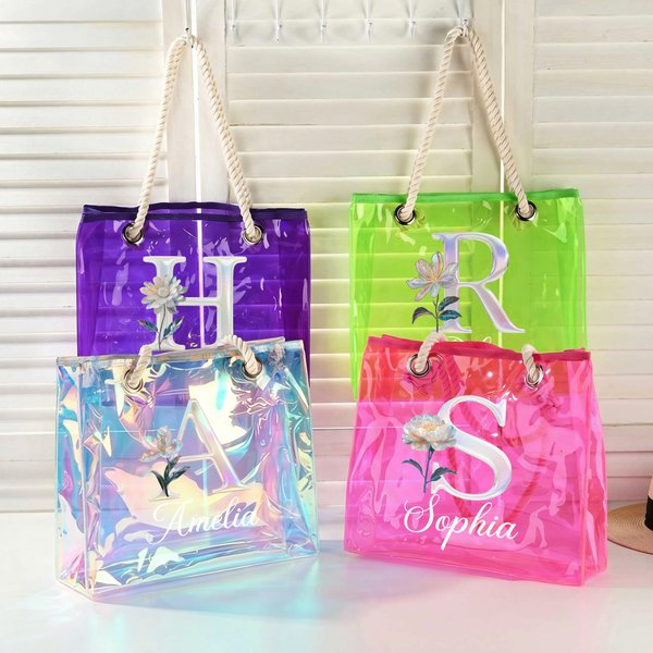 Personalisierte Strandtasche mit irisierender Geburtsblume und Initiale | mit Namen | Transparent | Tote Bag | Sommer Urlaub JGA Geschenk für Frauen