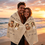 Personalised Newlyweds Childhood Photo Quick Dry Oversized Beach Towel with Name Summer Beach Wedding Party Gift for Engagement Couple